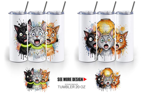 Tumbler Summer Night Panic Cats Watercolor Sublimation artnoy 