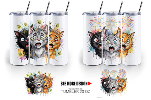 Tumbler Summer Night Panic Cats Watercolor Sublimation artnoy 