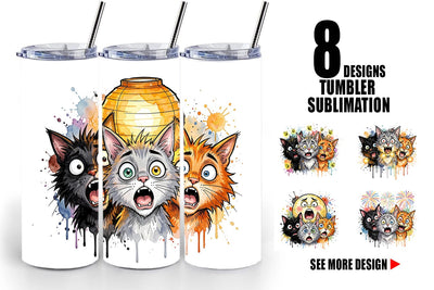 Tumbler Summer Night Panic Cats Watercolor Sublimation artnoy 