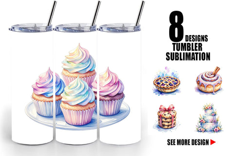 Tumbler Sweet Watercolor Cakes & Pies Sublimation artnoy 