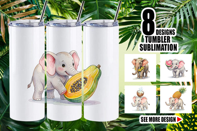 Tumbler Tropical Fruit Elephant Watercolor Sublimation artnoy 