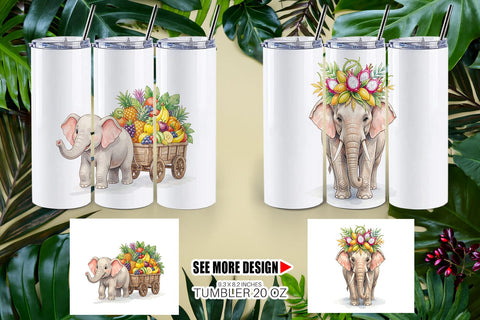 Tumbler Tropical Fruit Elephant Watercolor Sublimation artnoy 
