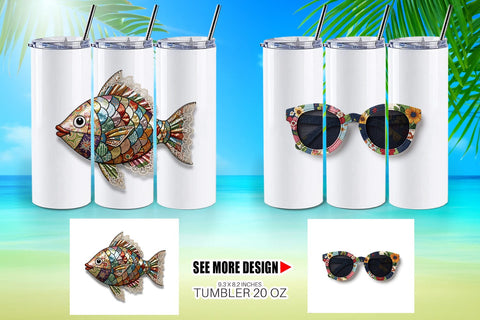 Tumbler Tropical Summer Patchwork Watercolor Sublimation artnoy 