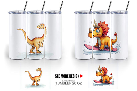 Tumbler UglyCute Dinosaur Winter Sports Watercolor Art Sublimation artnoy 