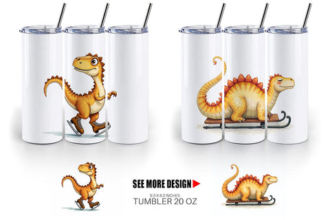 Tumbler UglyCute Dinosaur Winter Sports Watercolor Art Sublimation artnoy 