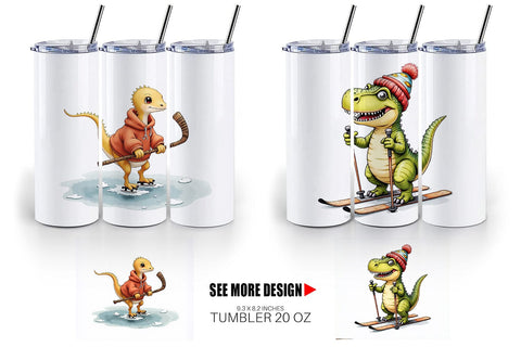 Tumbler UglyCute Dinosaur Winter Sports Watercolor Art Sublimation artnoy 