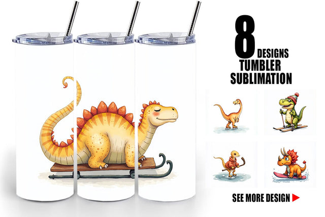 Tumbler UglyCute Dinosaur Winter Sports Watercolor Art Sublimation artnoy 