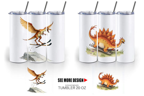 Tumbler UglyCute Dinosaur Winter Sports Watercolor Art Sublimation artnoy 