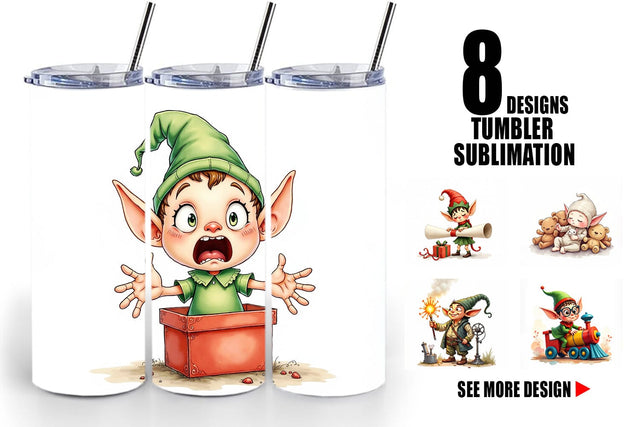 Tumbler UglyCute Elf Workshop Antics Watercolor Sublimation artnoy 