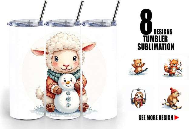 Tumbler UglyCute Winter Sports Animals Watercolor Sublimation artnoy 
