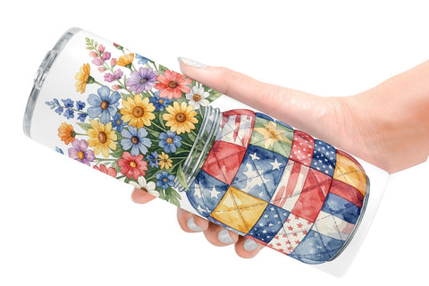 Tumbler USA Quilted Floral Bunting Watercolor Sublimation artnoy 