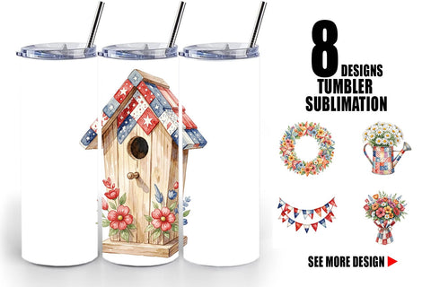 Tumbler USA Quilted Floral Bunting Watercolor Sublimation artnoy 