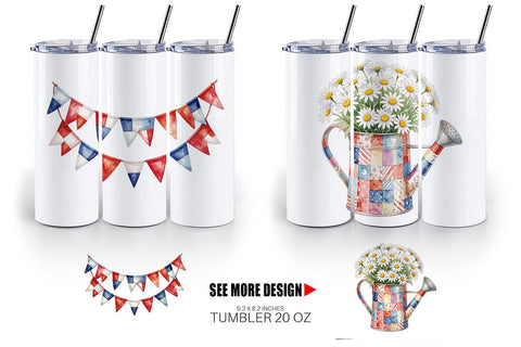 Tumbler USA Quilted Floral Bunting Watercolor Sublimation artnoy 