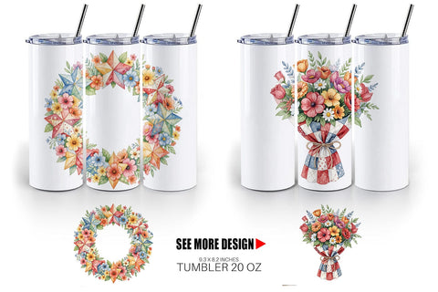 Tumbler USA Quilted Floral Bunting Watercolor Sublimation artnoy 