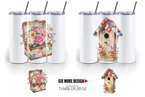 Tumbler USA Quilted Floral Bunting Watercolor Sublimation artnoy 