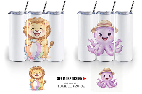 Tumbler Vibrant Summer Animals Watercolor Sublimation artnoy 