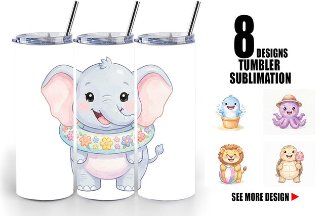 Tumbler Vibrant Summer Animals Watercolor Sublimation artnoy 