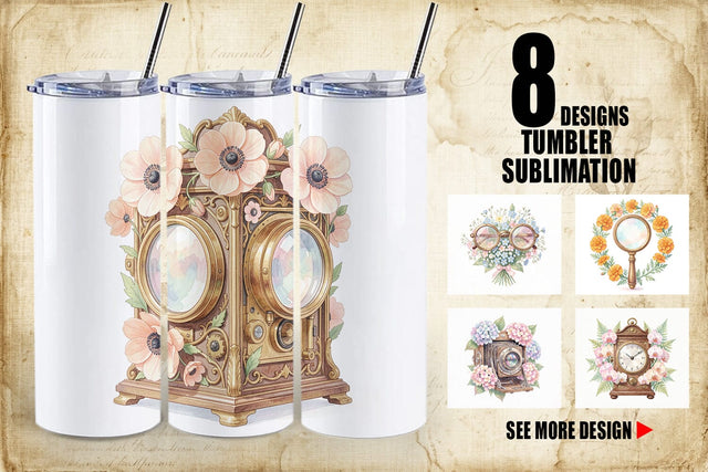Tumbler Vintage Camera And Floral Watercolor Sublimation artnoy 