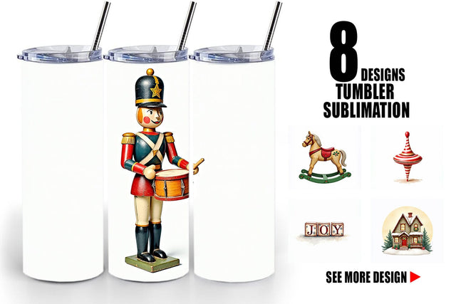 Tumbler Vintage Christmas Wooden Toys Watercolor Sublimation artnoy 