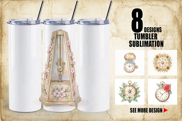 Tumbler Vintage Clock And Floral Watercolor Sublimation artnoy 