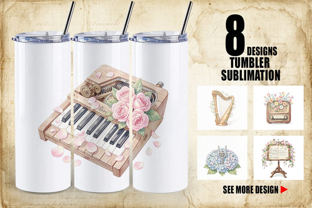 Tumbler Vintage Music And Floral Watercolor Sublimation artnoy 