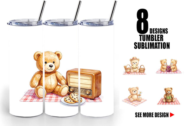 Tumbler Vintage Teddy Bear Picnic Watercolor Sublimation artnoy 
