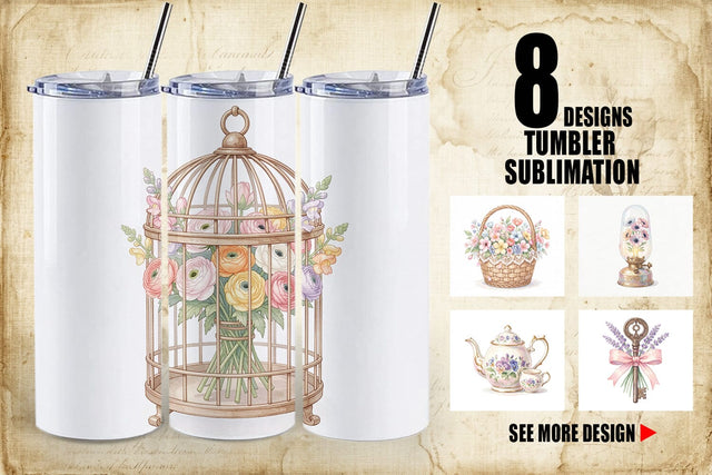 Tumbler Vintage Tools And Floral Watercolor Sublimation artnoy 