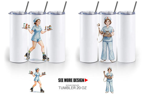 Tumbler Watercolor 70s Retro Nurse Characters Sublimation artnoy 