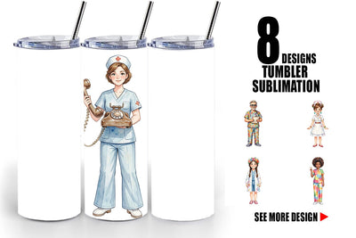 Tumbler Watercolor 70s Retro Nurse Characters Sublimation artnoy 