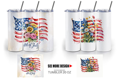 Tumbler Watercolor American Flag Floral Sublimation artnoy 