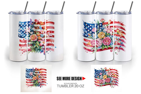 Tumbler Watercolor American Flag Floral Sublimation artnoy 