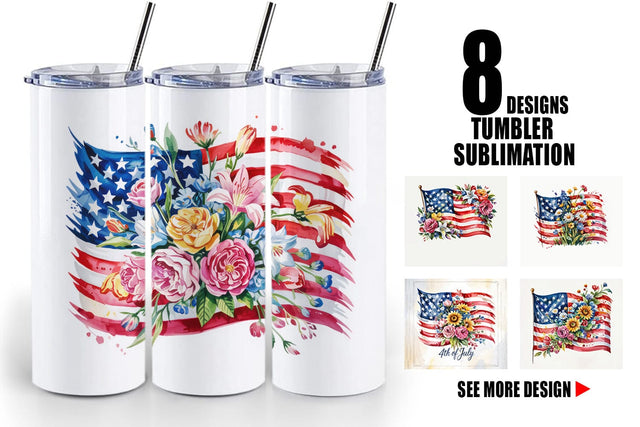 Tumbler Watercolor American Flag Floral Sublimation artnoy 
