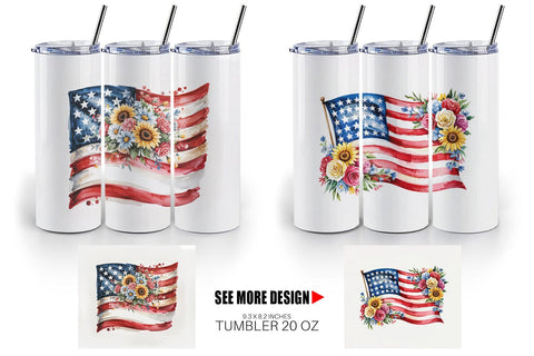 Tumbler Watercolor American Flag Floral Sublimation artnoy 