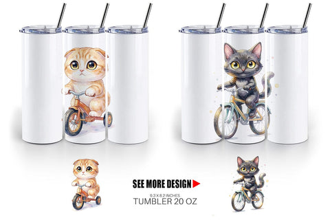 Tumbler Watercolor Big Eye Cat Cyclist Art Sublimation artnoy 