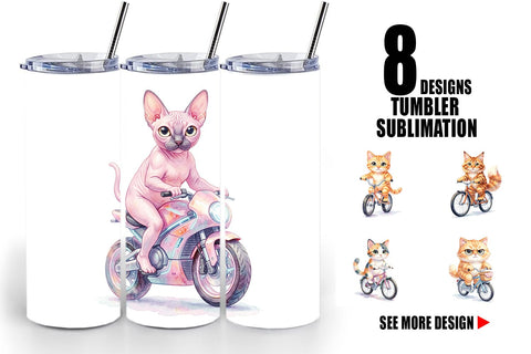 Tumbler Watercolor Big Eye Cat Cyclist Art Sublimation artnoy 
