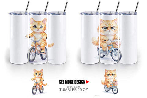 Tumbler Watercolor Big Eye Cat Cyclist Art Sublimation artnoy 