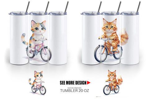 Tumbler Watercolor Big Eye Cat Cyclist Art Sublimation artnoy 