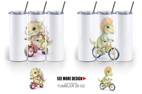 Tumbler Watercolor Big Eye Dinosaur Biking Art Sublimation artnoy 