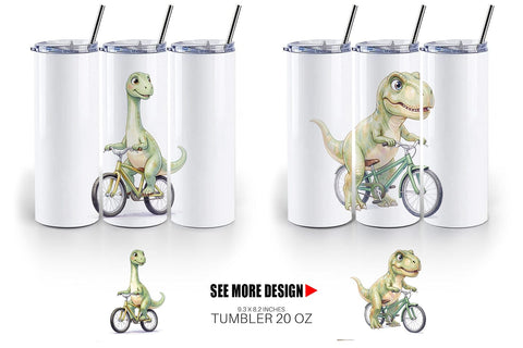 Tumbler Watercolor Big Eye Dinosaur Biking Art Sublimation artnoy 