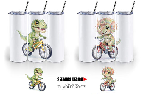 Tumbler Watercolor Big Eye Dinosaur Biking Art Sublimation artnoy 