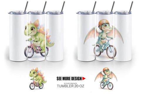 Tumbler Watercolor Big Eye Dinosaur Biking Art Sublimation artnoy 