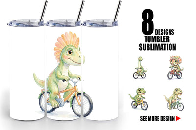 Tumbler Watercolor Big Eye Dinosaur Biking Art Sublimation artnoy 