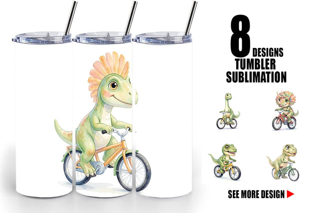 Tumbler Watercolor Big Eye Dinosaur Biking Art Sublimation artnoy 