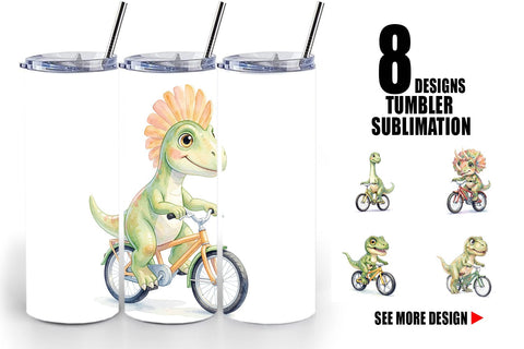 Tumbler Watercolor Big Eye Dinosaur Biking Art Sublimation artnoy 