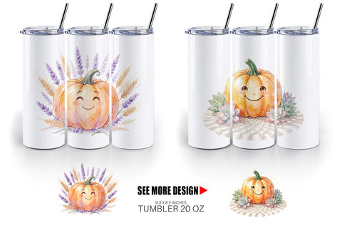 Tumbler Watercolor Boho Floral Smiling Pumpkin Sublimation artnoy 