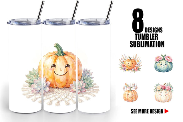 Tumbler Watercolor Boho Floral Smiling Pumpkin Sublimation artnoy 