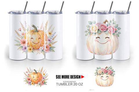 Tumbler Watercolor Boho Floral Smiling Pumpkin Sublimation artnoy 