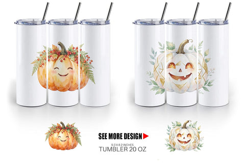 Tumbler Watercolor Boho Floral Smiling Pumpkin Sublimation artnoy 