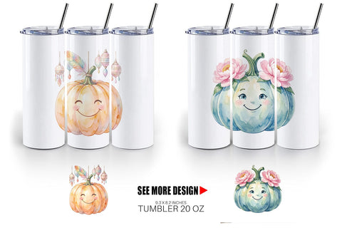 Tumbler Watercolor Boho Floral Smiling Pumpkin Sublimation artnoy 