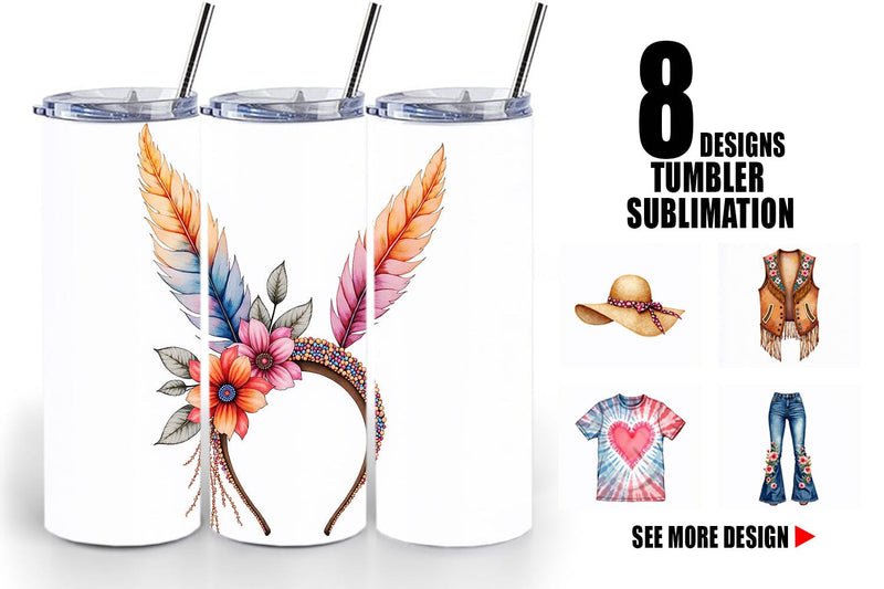 Tumbler Watercolor Boho Spring Fashion 70s Accessories & Attire Sublimation artnoy 